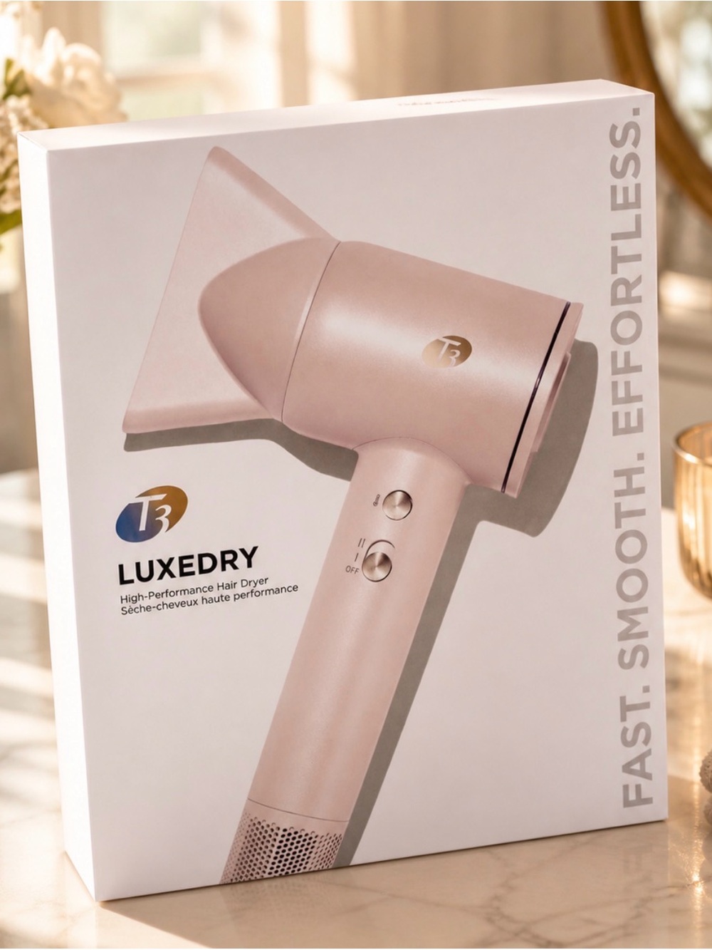 T3 Compact Hair Dryer in Blush Pink with Gold Accents